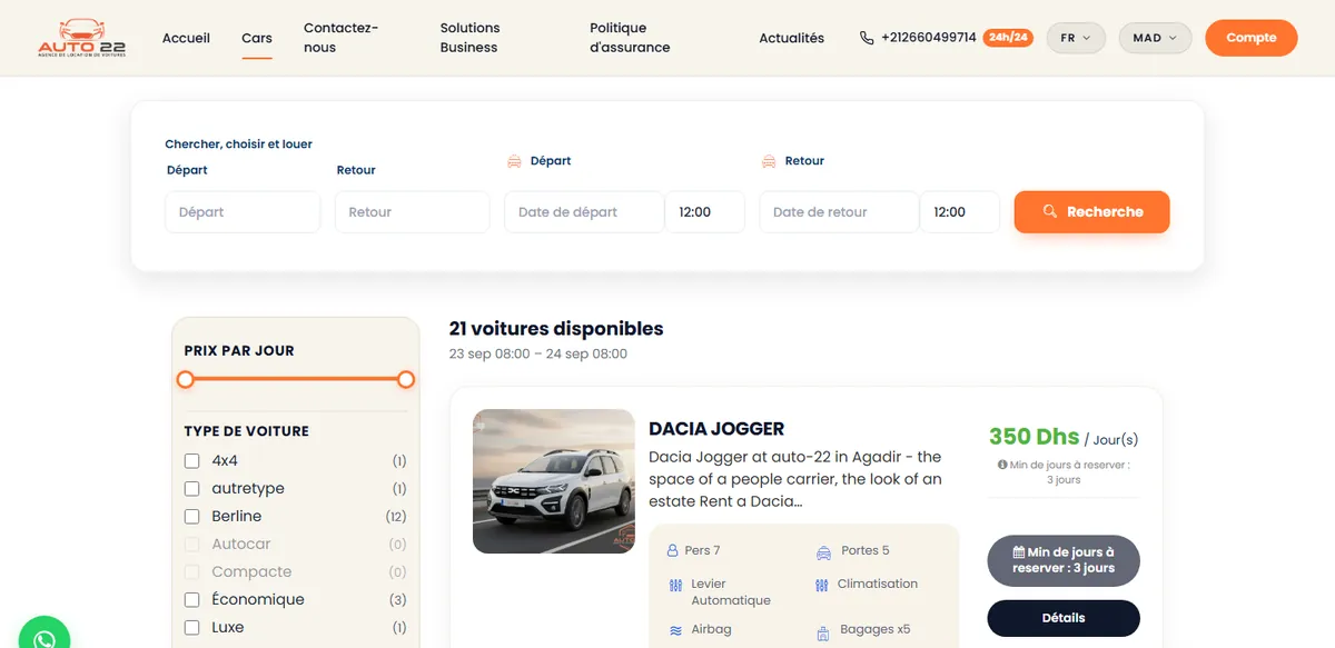 Fiche voiture sur auto-22.ma avec prix par jour et durée minimale de location de 3 jours
