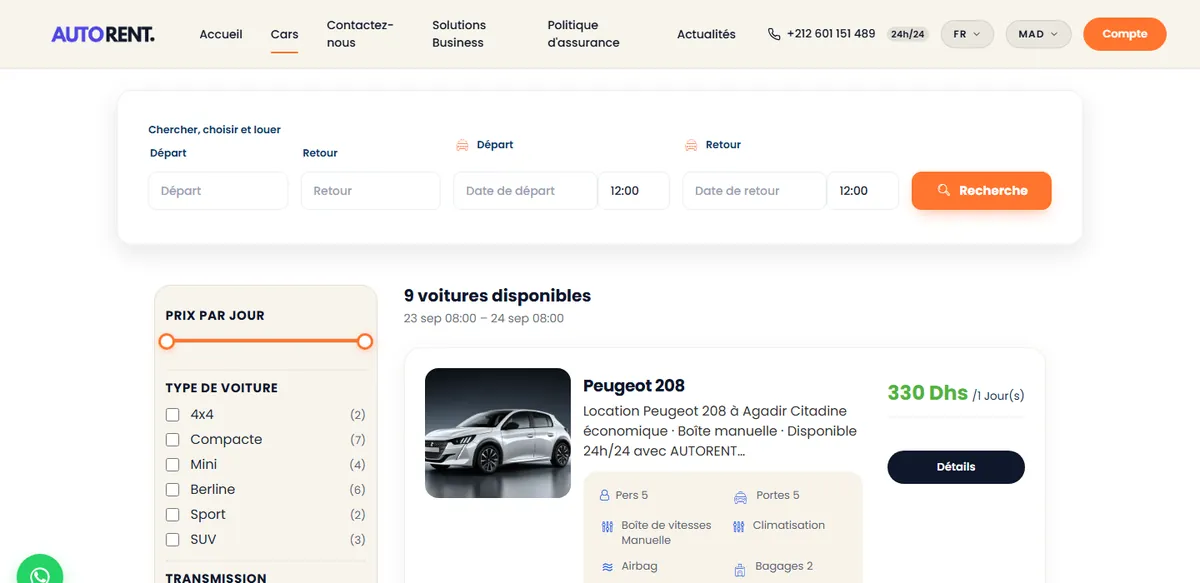 Démo AutoRent : liste de voitures disponibles avec recherche par dates et filtres