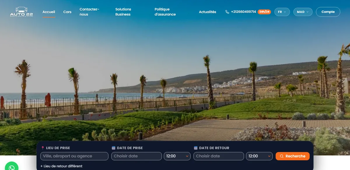 Page d'accueil du site auto-22.ma, location de voiture à Agadir avec formulaire de recherche