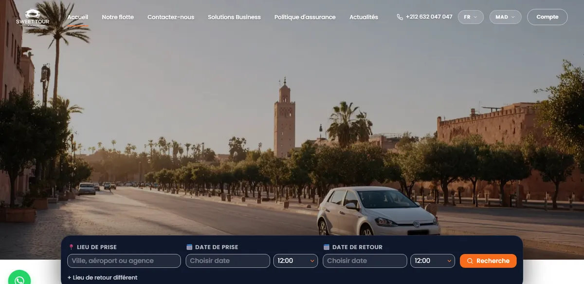 Moteur de réservation de sweettourmarrakech.com avec champ Lieu de prise : ville, aéroport ou agence