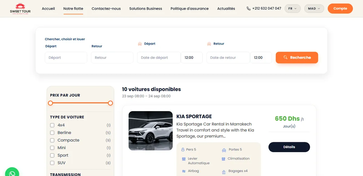 Liste de voitures de Sweet Tour Marrakech avec prix en dirhams et filtres