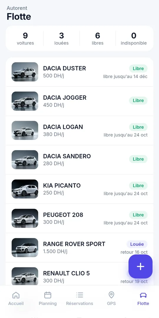 Liste de la flotte avec statut de chaque voiture