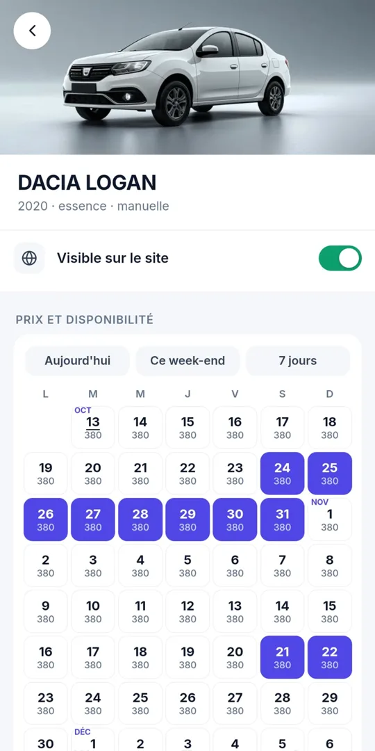 Prix par jour et disponibilités d'une voiture
