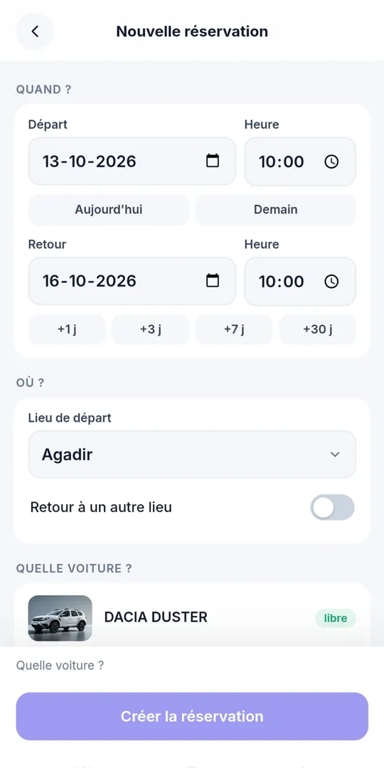 Nouvelle réservation depuis l'appli