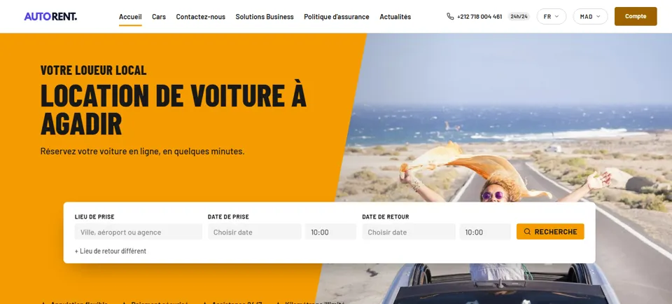 Site de réservation AutoRent avec le design Sport : recherche par lieu et par dates